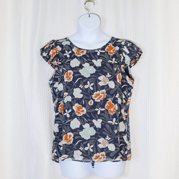 Ann Taylor Loft Blue Tan Short Sleeve Pleated Floral Top Size Medium - Picture 1 of 9